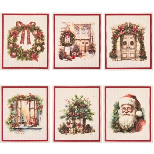 Set di sei spugnette natalizie in cellulosa con disegni vintage di Natale, tra cui Babbo Natale, ghirlande, regali e scenari innevati, con bordo rosso.