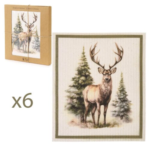 Set 6 spugnette in cellulosa Nuvole di Stoffa con decoro cervo e abeti, ideali per la cucina, ecologiche, riutilizzabili e in confezione regalo.