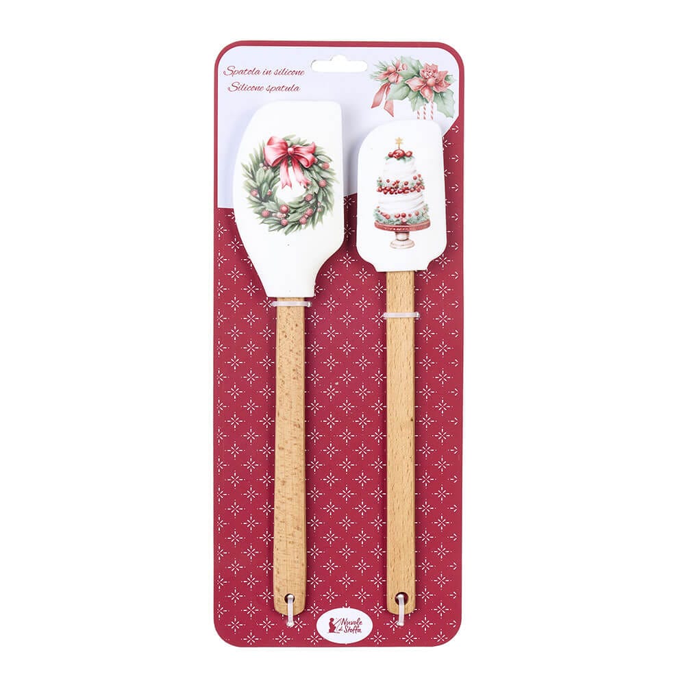 Set 2 spatole natalizie Nuvole di Stoffa in silicone decorato con manico in legno, ideali per mescolare, decorare e cucinare durante le feste.