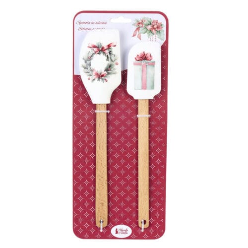 Set 2 spatole natalizie Nuvole di Stoffa in silicone decorato con manico in legno, una con ghirlanda e una con pacco regalo, ideali per impasti e dolci.