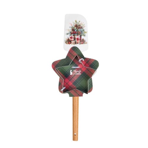 Set cucina natalizio con spatola decorata e stampino a forma di stella, confezionato su supporto scozzese rosso-verde.