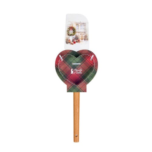 Set con spatola natalizia decorata e stampino a cuore su confezione scozzese, perfetto per cucinare biscotti a tema.