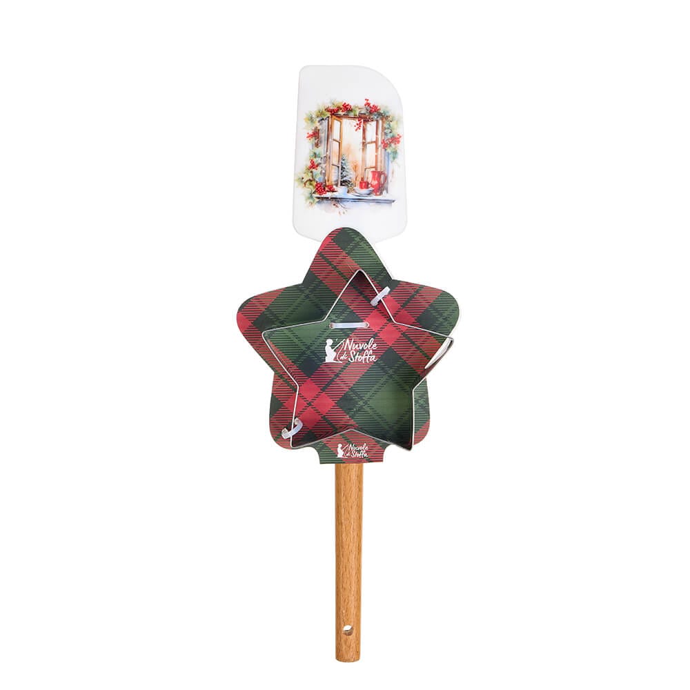 Set con spatola natalizia decorata con finestra e stampino stella, confezionato su supporto tartan a forma di stella.
