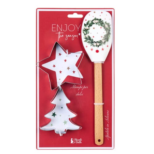 Set cucina natalizio con spatola in silicone decorata e 2 stampini in metallo a forma di stella e albero.
