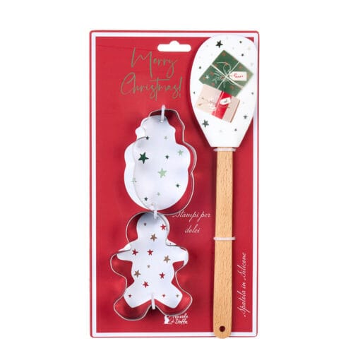 Set da cucina natalizio con spatola in silicone decorata e stampini in metallo per biscotti a forma di pallina e omino.