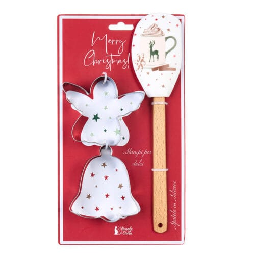 Set natalizio con spatola in silicone e stampini per biscotti a forma di angelo e campana, firmato Nuvole di Stoffa.