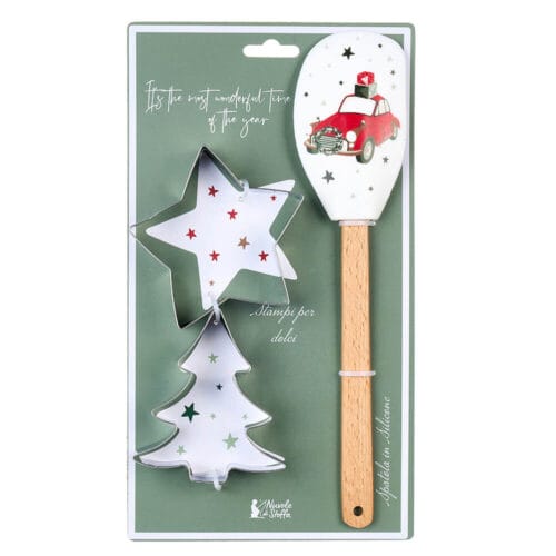 Set natalizio con spatola decorata auto rossa e stampini a forma di albero e stella, firmato Nuvole di Stoffa.