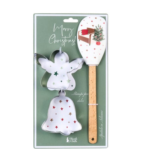 Set cucina natalizio con spatola decorata con poltrona e albero di Natale, e stampini a forma di angelo e campanella.