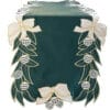 Runner natalizio in velluto verde con ricami dorati, fiocchi avorio e palline decorative a righe e stelline.