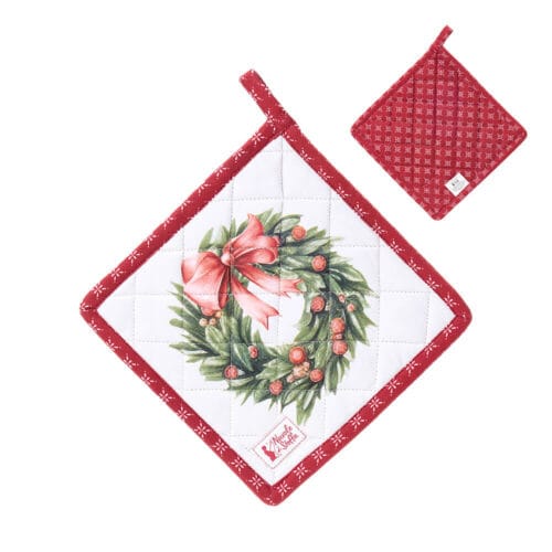 Presina natalizia in cotone double face, con ghirlanda e fiocco rosso su un lato e fantasia geometrica rossa sull’altro, collezione Storia di Natale.