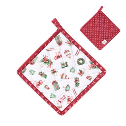 Presina natalizia in cotone double face, con fantasia di pacchi regalo e ghirlande da un lato e motivo rosso con dettagli bianchi dall’altro, collezione Storia di Natale.