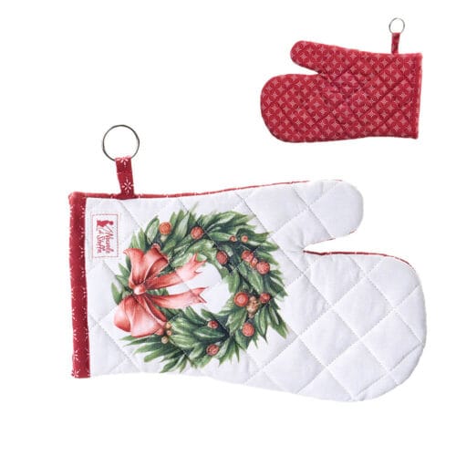 Guantone da cucina imbottito in cotone double face, con ghirlanda e fiocco rosso su fondo bianco e retro rosso fantasia, collezione Storia di Natale.