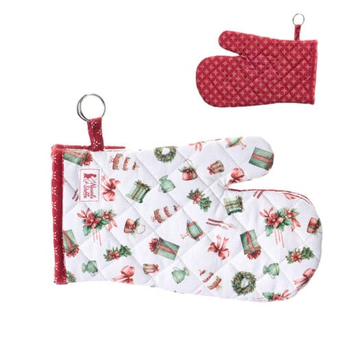 Guantone da cucina imbottito in cotone double face con fantasia natalizia di pacchi regalo e ghirlande da un lato e retro rosso con disegno geometrico, collezione Storia di Natale.