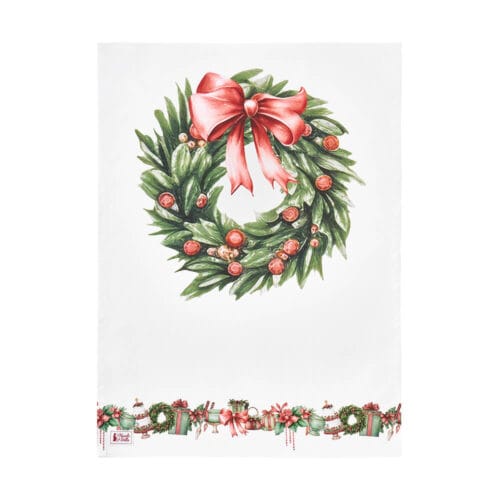 Strofinaccio natalizio in cotone bianco con ghirlanda centrale e bordo decorato con pacchi regalo e fiocchi, collezione Storia di Natale.