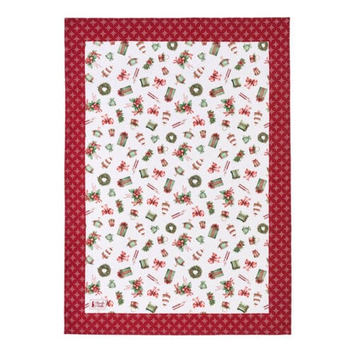 Strofinaccio natalizio in cotone con fantasia di pacchi regalo, ghirlande e bastoncini di zucchero su fondo bianco e bordo rosso, collezione Storia di Natale.