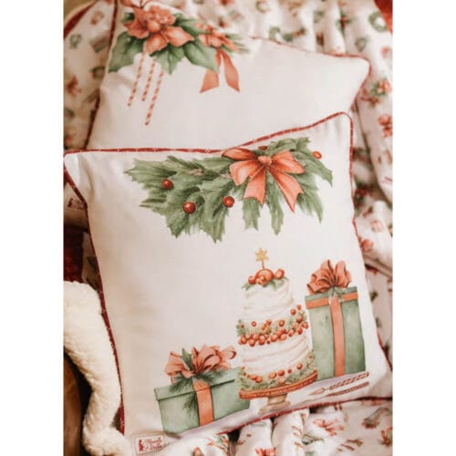 Cuscino natalizio double face 40x40 cm in cotone con torta e pacchi regalo, lavabile e sfoderabile, collezione Storia di Natale.