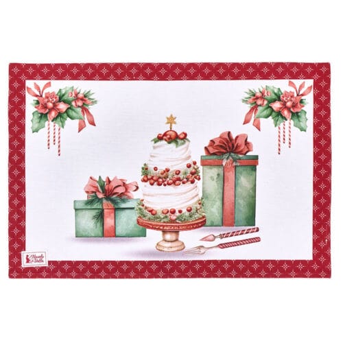 Tovaglietta natalizia in cotone con stampa di torta, pacchi regalo e bordo rosso decorato, retro rosso con motivo geometrico bianco.