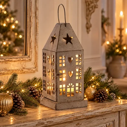 Lanterna decorativa in metallo con finestrature, cuori e stelle, dotata di luce LED interna.