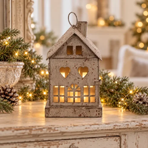 Lanterna decorativa in metallo a forma di casa con LED e finestrelle a cuore.