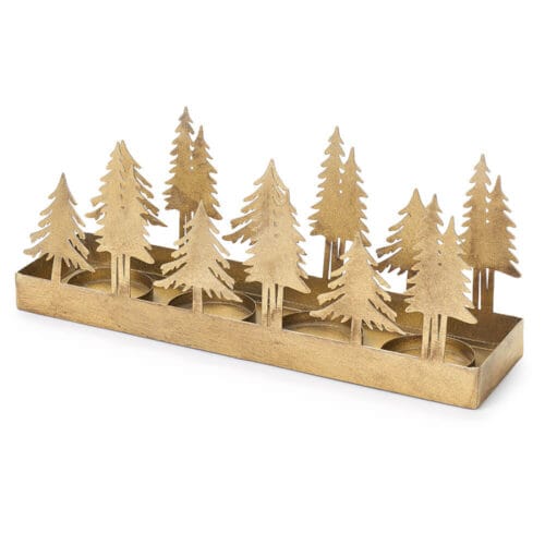 Portacandela centrotavola in metallo dorato con sagome di alberi di Natale e 4 spazi per tealight. Collezione Darling, stile rustico e festivo.