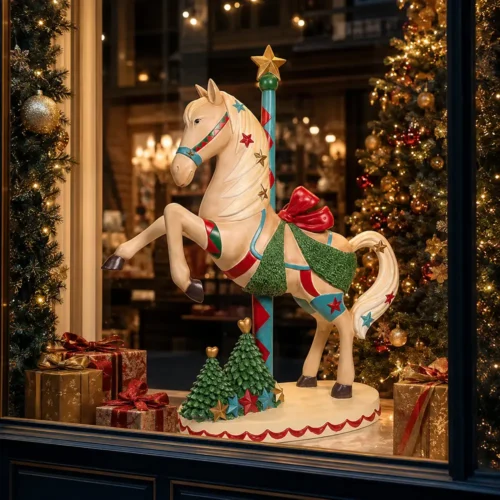 Cavallo decorativo da giostra in stile natalizio, con finitura crema, dettagli rossi, verdi e oro, su base decorata con alberelli e stelle.