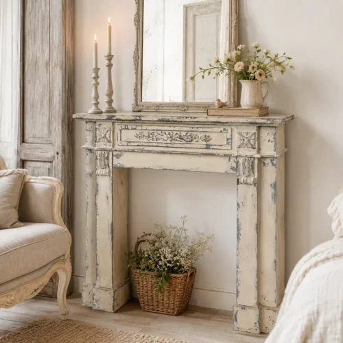 Caminetto decorativo in legno panna effetto invecchiato con intagli ornamentali, stile shabby chic, 97x100 cm.