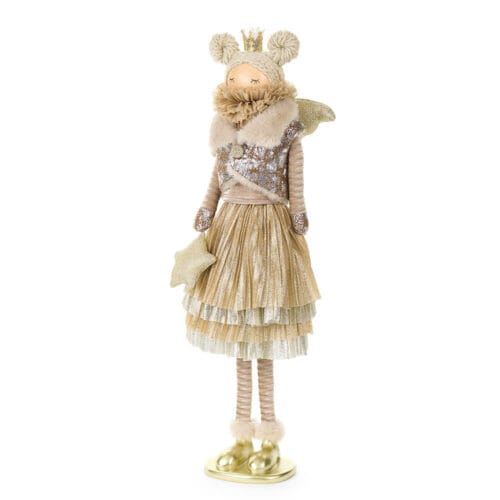 Bambola decorativa in tessuto con vestito oro, ali glitterate, corona e scarpette. Stile natalizio elegante, collezione Darling.