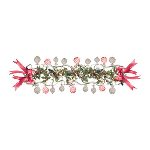 Runner bianco natalizio con ricamo: agrifoglio, palline appese e fiocchi rossi decorano tutta la superficie.