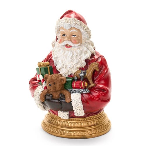 Statua decorativa in resina di Babbo Natale con regali, rifinita nei dettagli con base dorata.