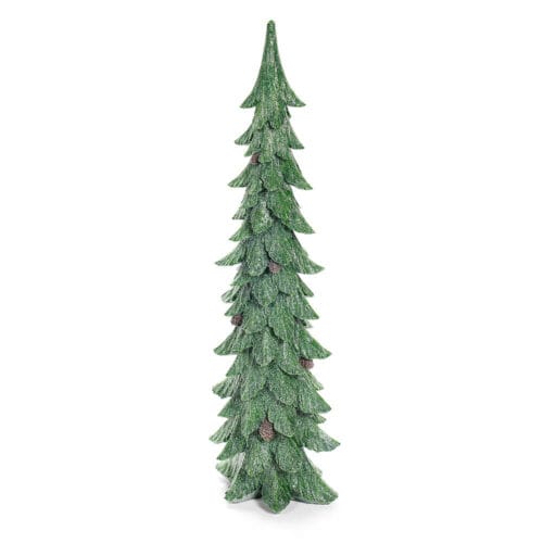 Albero decorativo in resina con glitter e pigne, altezza 92 cm, di colore verde con finitura brillante.