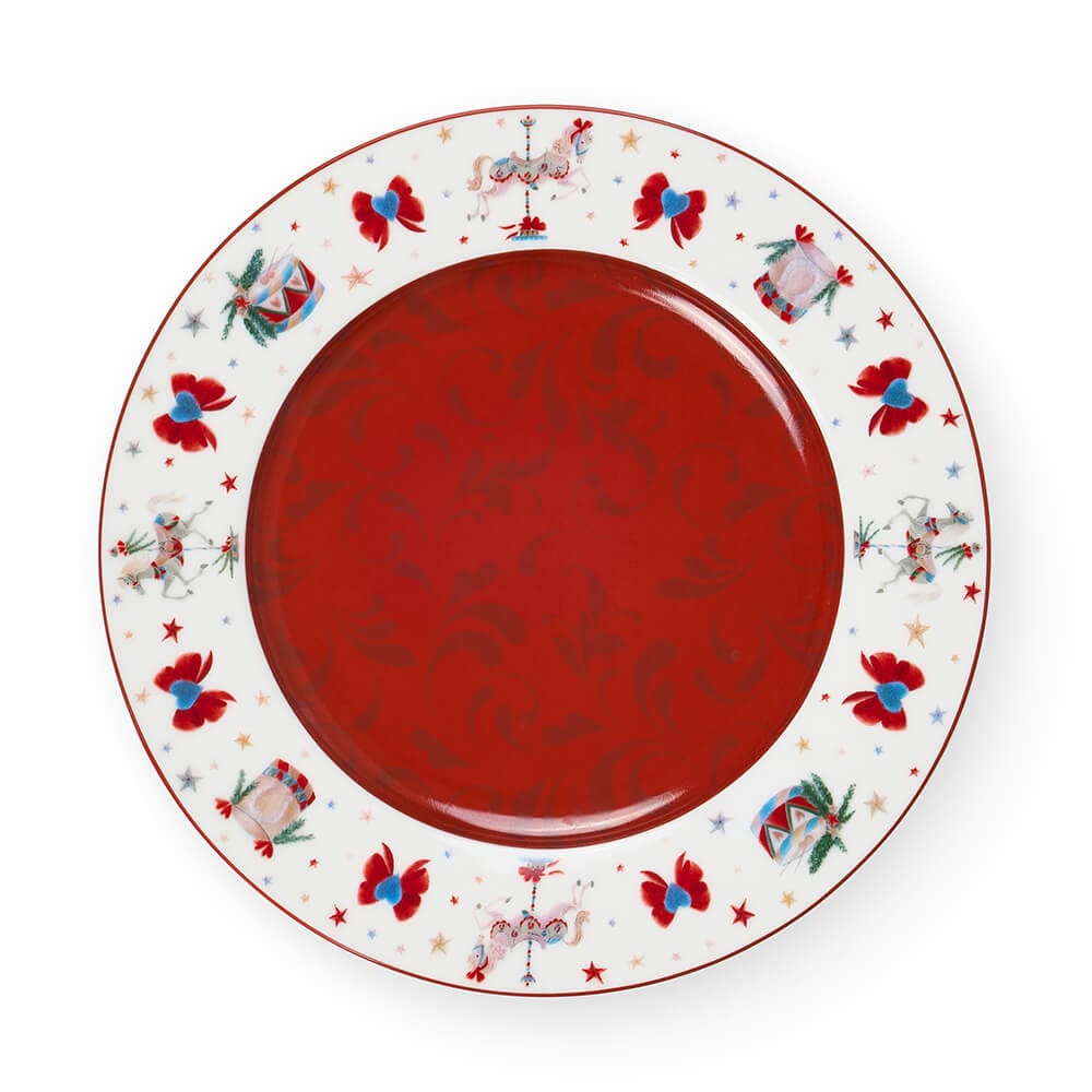 Piatto da dolce in porcellana da 19 cm con centro rosso e bordo decorato a tema natalizio, collezione La Giostra di Amelie.