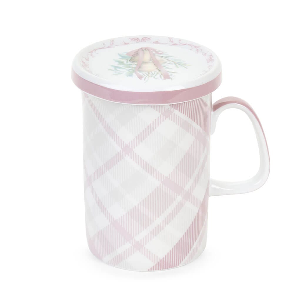 Nuvole di Stoffa Tazza Porcellana 380 ml Darling 1 Tazza in porcellana con manico e coperchio, decorata con pattern scozzese rosa e campanelle natalizie. Collezione Darling, con scatola regalo.