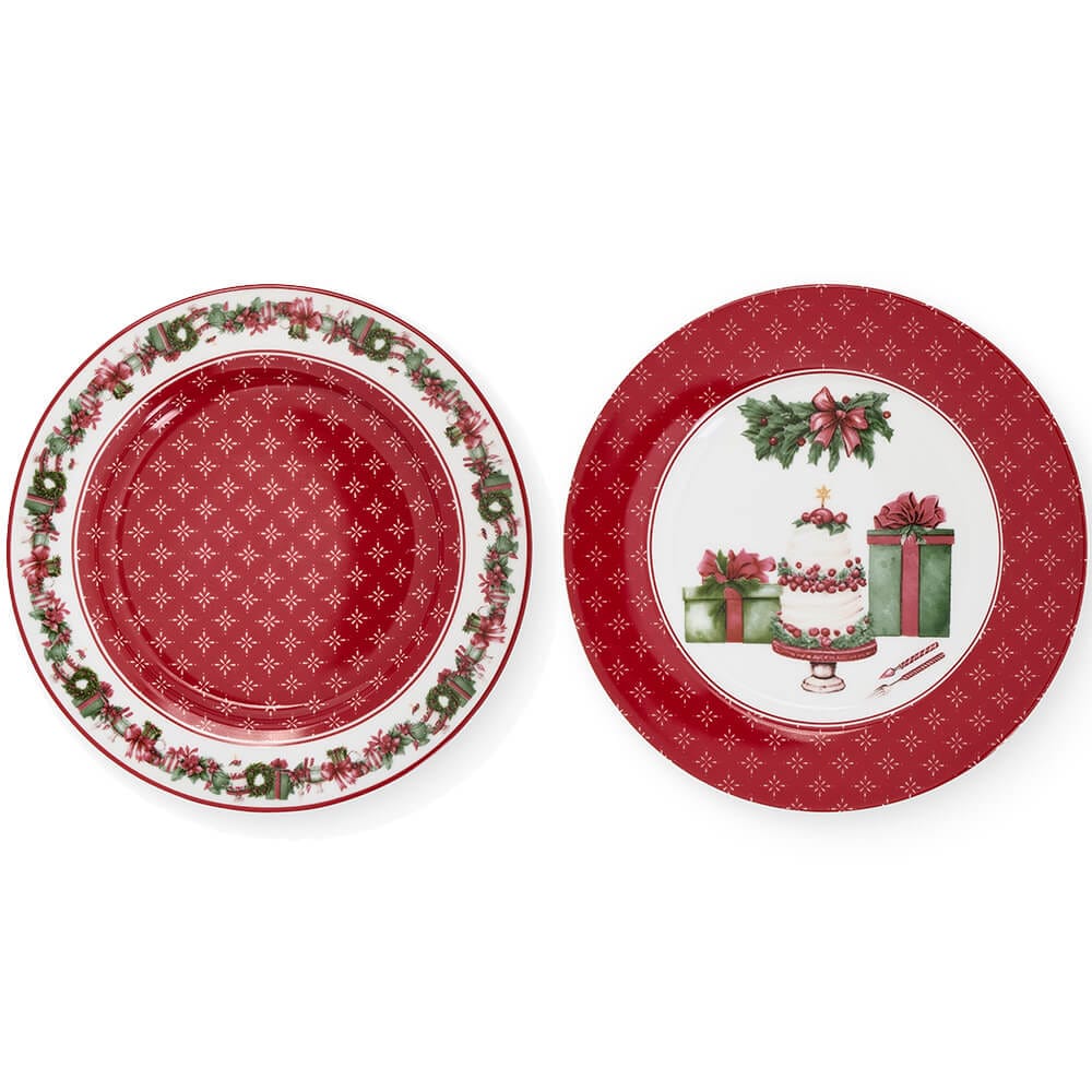 Set 2 piatti dolce in porcellana natalizia, decoro rosso e verde con ghirlande, pacchi regalo e dolce, collezione Storia di Natale.