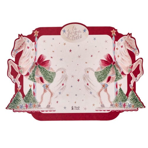 Tovaglietta in vinile con cavalli da giostra decorati in stile natalizio, contorno sagomato, stelle colorate e scritta “La Giostra di Amelie”.