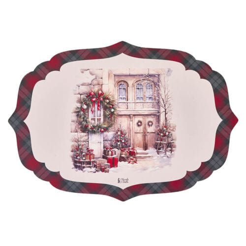 Tovaglietta natalizia in vinile con scena di ingresso innevato decorato, sagomata e rifinita con bordo scozzese rosso e verde.