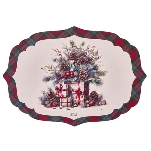 Tovaglietta natalizia in vinile sagomata con stampa di pacchi regalo e pigne, rifinita con bordo scozzese rosso e verde.