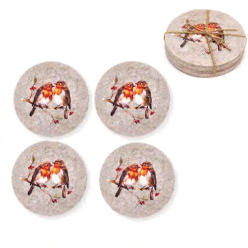 Set 4 sottobicchieri in feltro grigio con stampa pettirossi della linea Bosco Incantato, 10x10 cm.