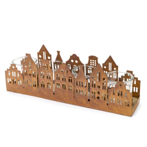 Portacandela in metallo corten con sagome di case e 4 bicchieri in vetro per candele, ideale per decorazioni rustiche e shabby chic.