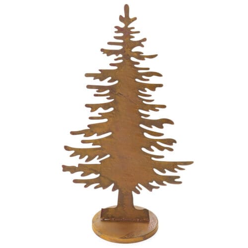 Albero decorativo in metallo effetto corten con base rotonda, stile rustico, ideale per ambientazioni natalizie in stile Bosco Incantato.