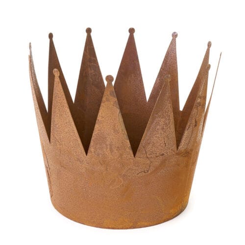 Corona in metallo corten effetto ruggine, utilizzabile come portavaso, centrotavola o decorazione rustica.