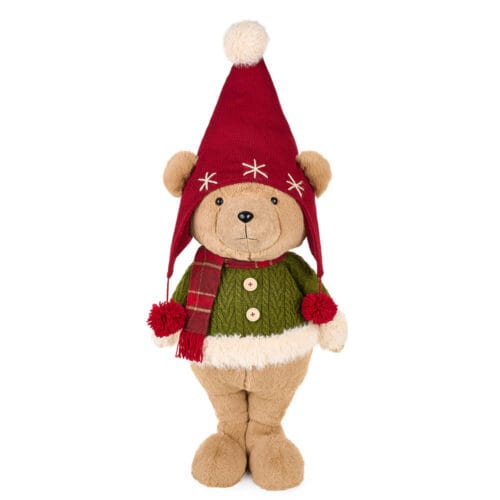 Orsetto in piedi con maglione verde, cappello rosso a punta con pon pon e ricami bianchi, sciarpa scozzese rossa. Decorazione natalizia in tessuto.