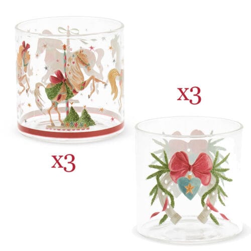 Set 6 bicchieri in vetro borosilicato da 300 ml con decorazioni natalizie assortite della collezione La Giostra di Amelie.