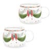 Tazza in vetro borosilicato trasparente con decorazioni natalizie: ghirlande verdi, fiocco rosso con cuore e stelle colorate. Forma bombata con manico.