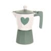 Moka in alluminio da 3 tazze con cuore verde e manico abbinato, in confezione regalo.