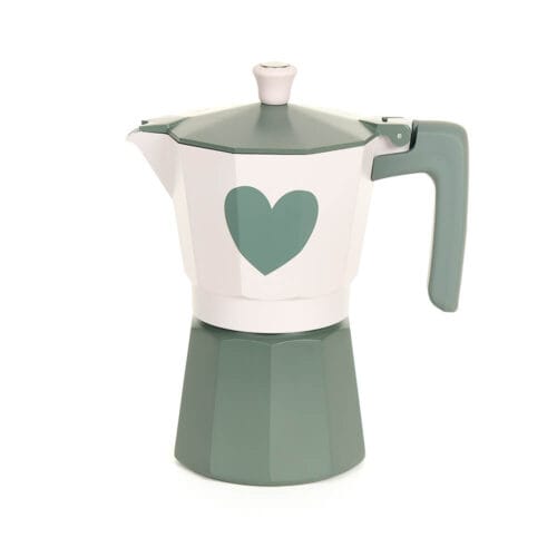 Moka in alluminio da 3 tazze con cuore verde e manico abbinato, in confezione regalo.