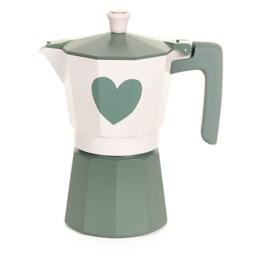 Moka in alluminio da 6 tazze con cuore verde salvia e manico abbinato, completa di confezione regalo.