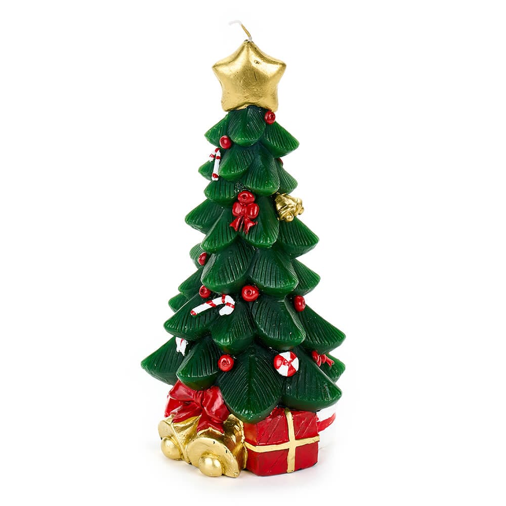 Candela natalizia a forma di albero decorato con pacchetti, bacche rosse e stella dorata, altezza 22,5 cm.