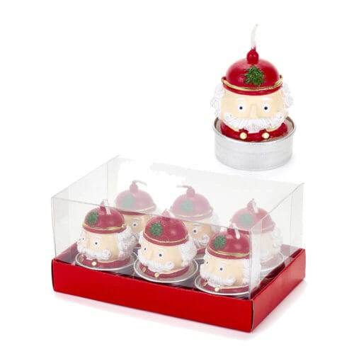Set di 6 candeline tea light a forma di soldatino con cappello rosso, barba bianca e base in alluminio.