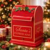 Cassetta postale natalizia rossa in metallo con scritta dorata “Santa’s Express Mail”, decorata con campanelle e foglie di agrifoglio verdi.