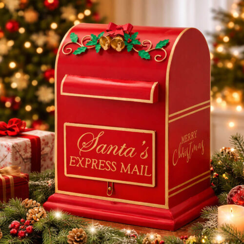 Cassetta postale natalizia rossa in metallo con scritta dorata “Santa’s Express Mail”, decorata con campanelle e foglie di agrifoglio verdi.